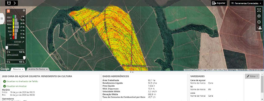 Mapa de colheita de cana-de-açúcar gerado na plataforma Operations Center.