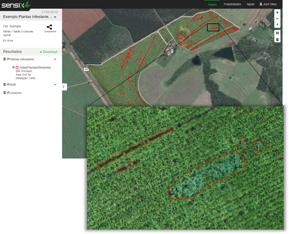 Identificação de plantas daninhas na plataforma Sensix FieldScan através de imagens de drones.