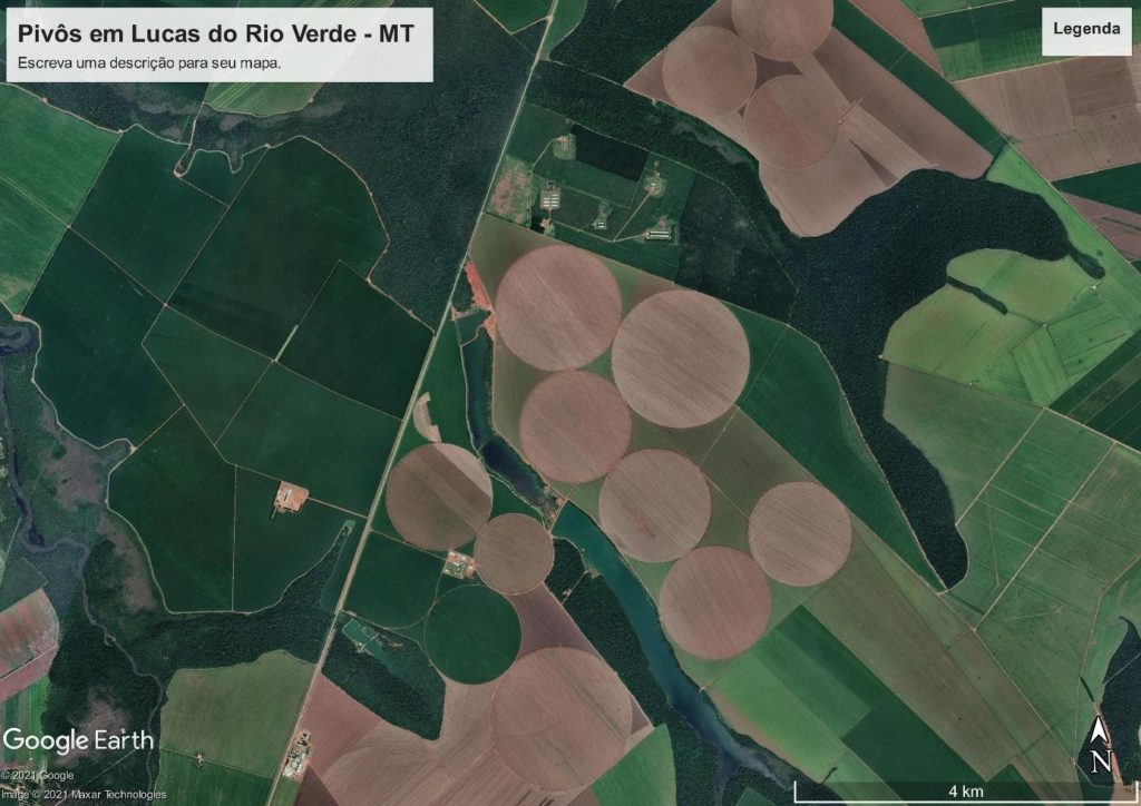Pivôs fotografados por satélites imageadores próximos a Lucas do Rio Verde – MT. Fonte: Google Earth