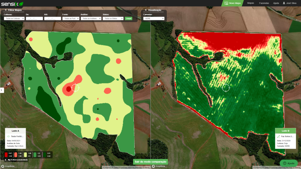 Plataforma FieldScan da Sensix, apresentando em um mesmo ambiente dados de fertilidade de solos e variabilidade de biomassa por satélite.