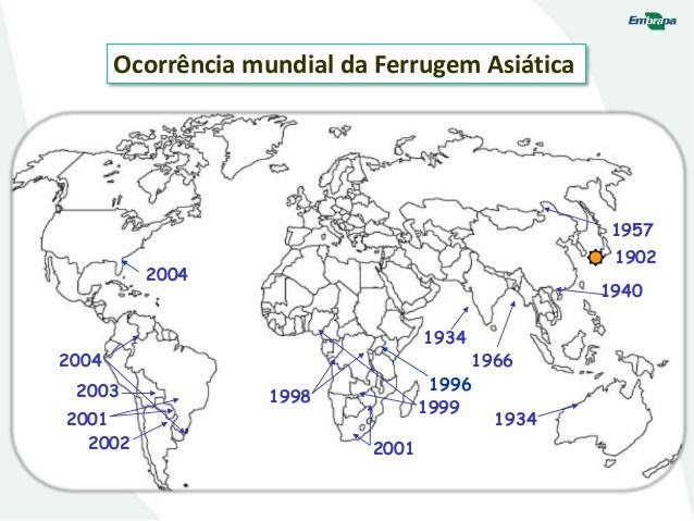 Mapa de ocorrência mundial da ferrugem asiática. Fonte: Embrapa