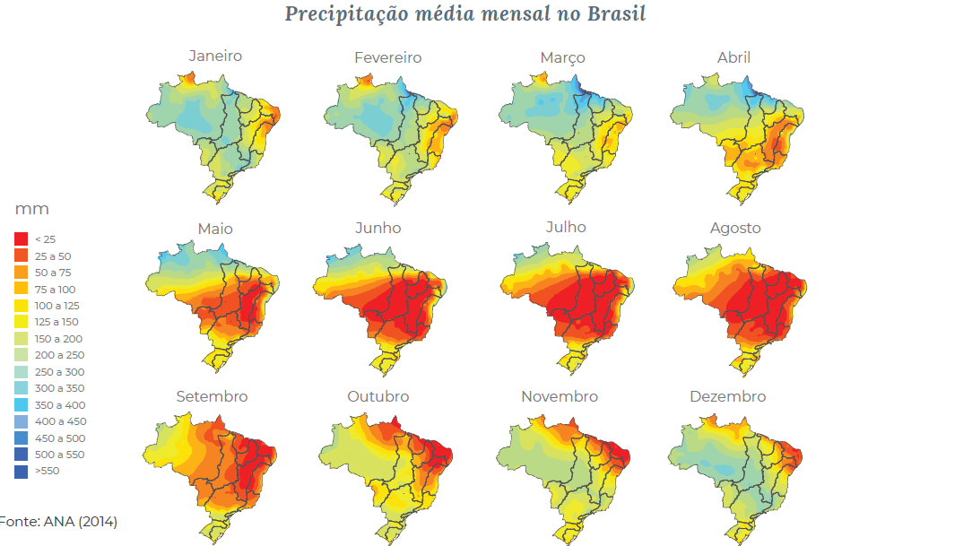 Precipitação média mensal no Brasil. Fonte: ANA (2014).