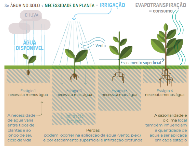Representação esquemática da necessidade hídrica na irrigação. Fonte: Atlas Irrigação.