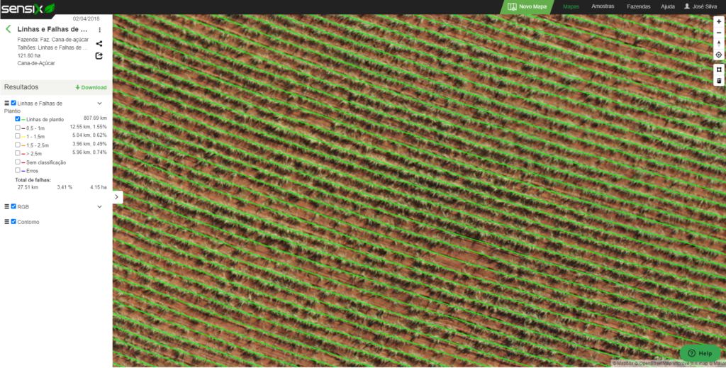 O FieldScan oferece um produto de detecção de linhas de colheita na cana-de-açúcar.