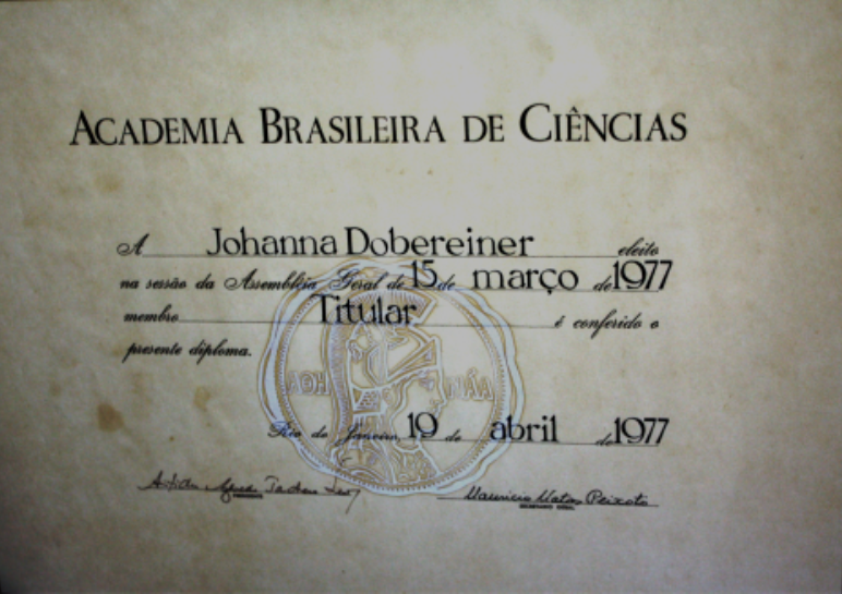 Diploma de Johanna Döbereiner na Academia Brasileira de Ciências